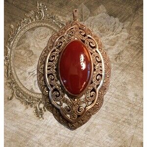 Victorian Jewelry Big Marcasite Pendant, Sterling Silver Carnelian Stone Vintage